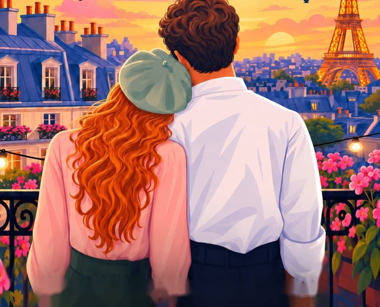 A couple on a Paris balcony at sunset, from the cover of Chefly Kissed