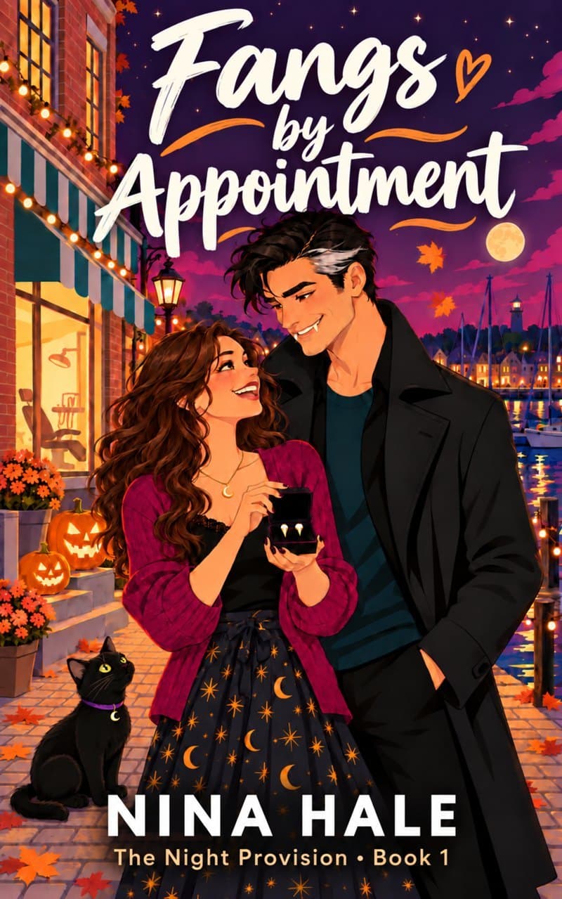 Cover of Fangs by Appointment by Nina Hale: a dentist holding a ring box of fangs smiles up at a dark-haired vampire with a silver streak on a lamplit harbor street, a black cat at her feet.
