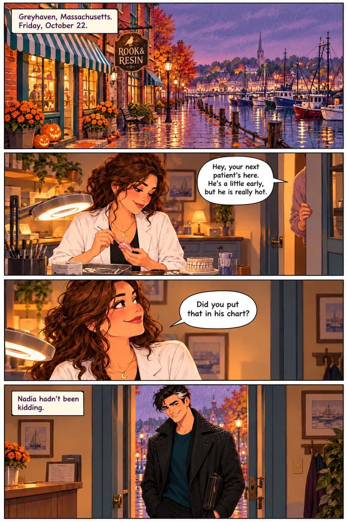 Comic page 1: the rainy Greyhaven harbor, Joanna at her dental workbench, and Anton arriving at Rook & Resin.