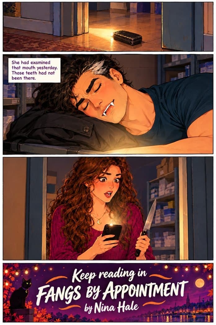 Comic page 8: Joanna finds Anton asleep in her supply room with real fangs.